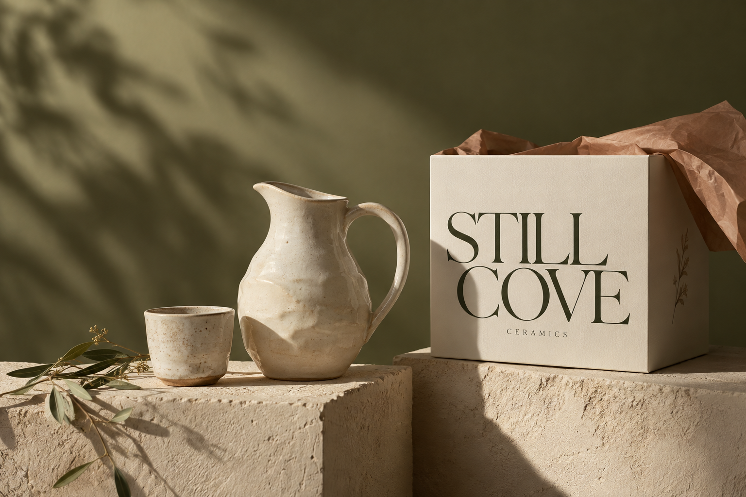 Still Cove fictional ceramics brand: ivory pottery beside cream packaging with expressive serif lettering.