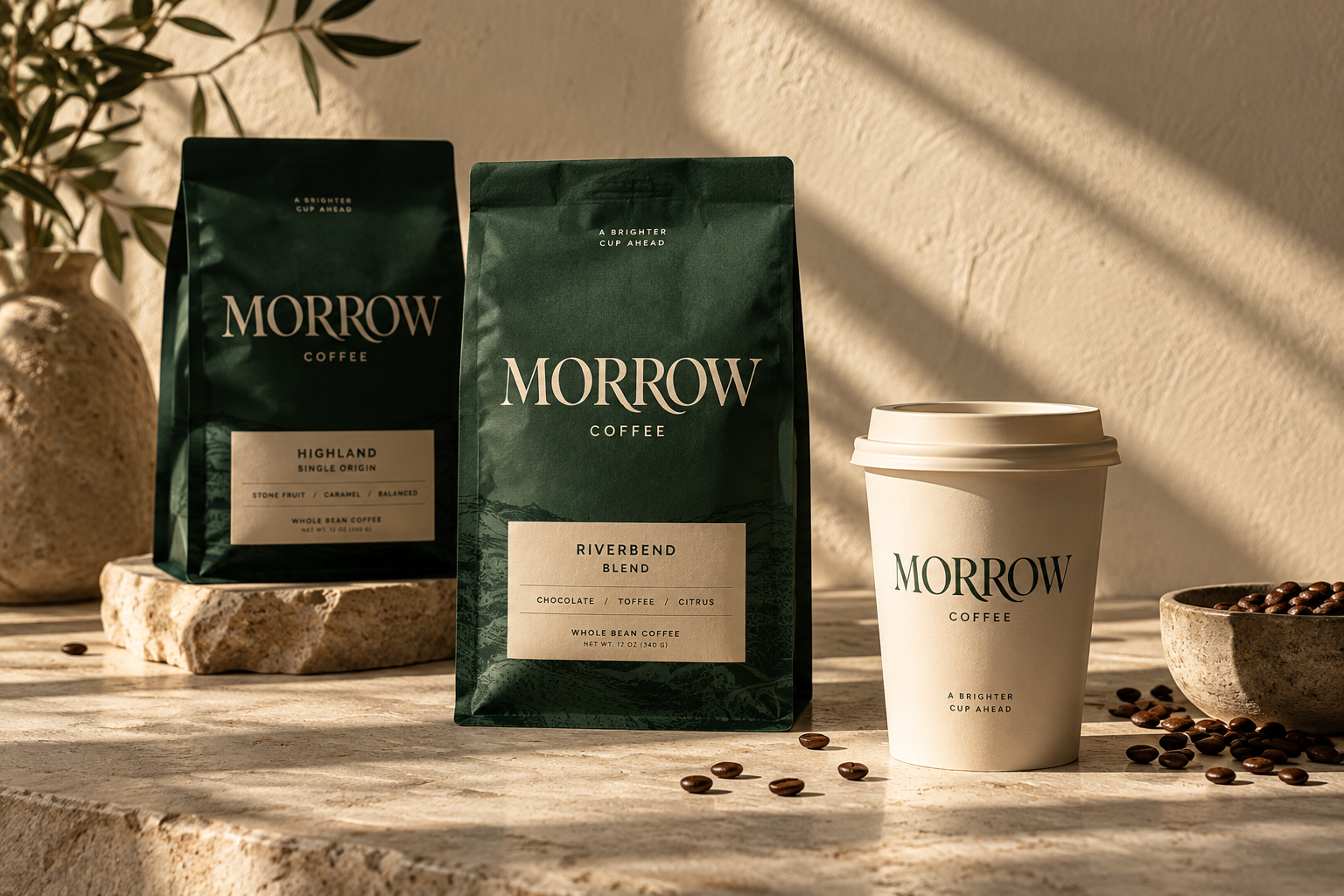 Fictional Morrow Coffee concept: deep green coffee packaging and a cream takeaway cup in warm sunlight.